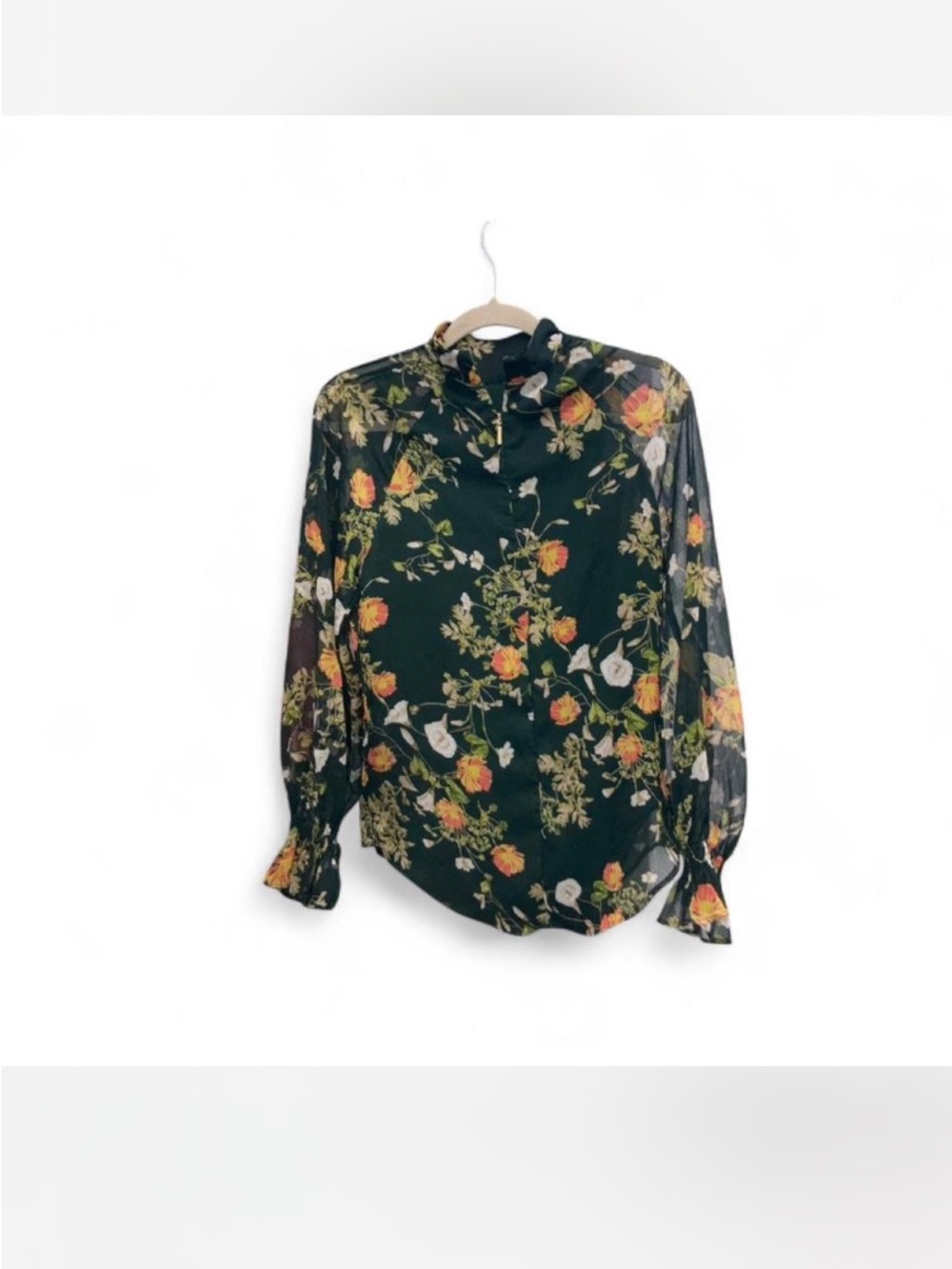 Floral Long-Sleeve Button-Up Blouse - Dark Green - Picture 4 of 8
